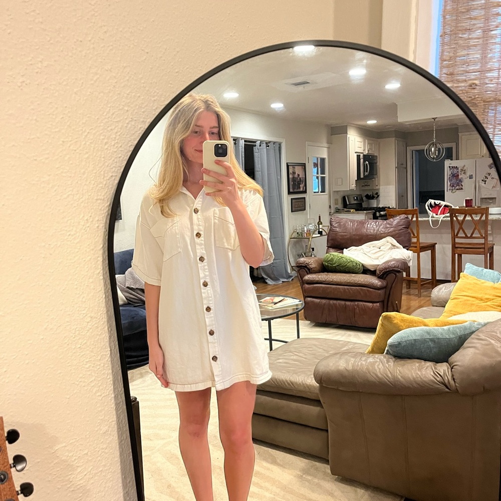 Goldie White Mini Shirt Dress with Cuffed Sleeves and Peter Pan Collar